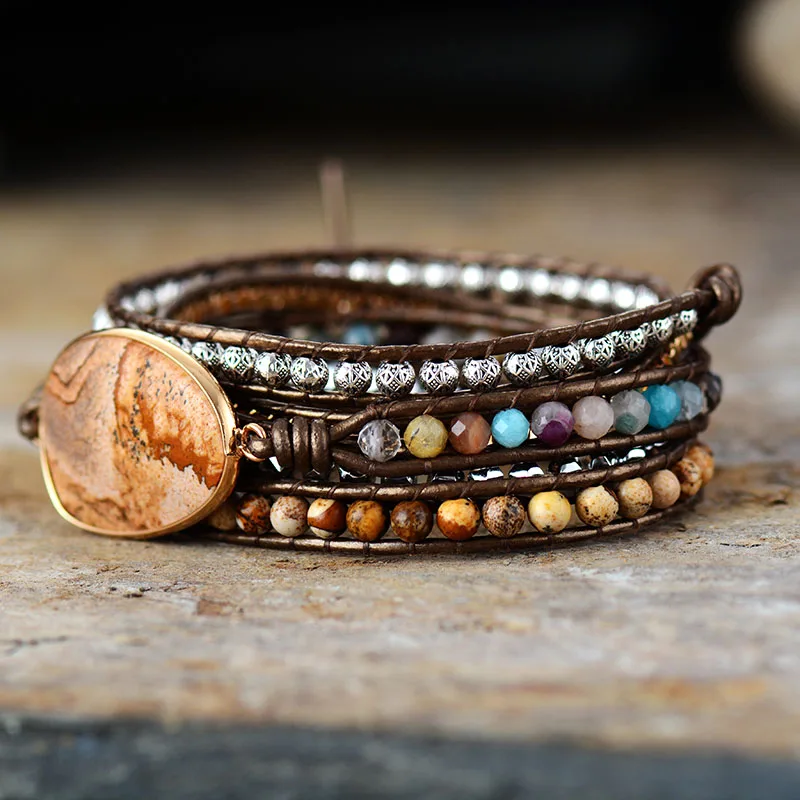 5 Strand Leather Wrap Bracelet W/ Semiprecious Stone Chain Beaded Statement Bracelet Boho Jewelry Dropshipping Wholesale