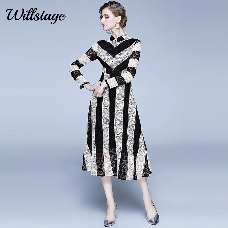 Женское кружевное платье с длинным рукавом Willstage элегантные вечерние ажурные
