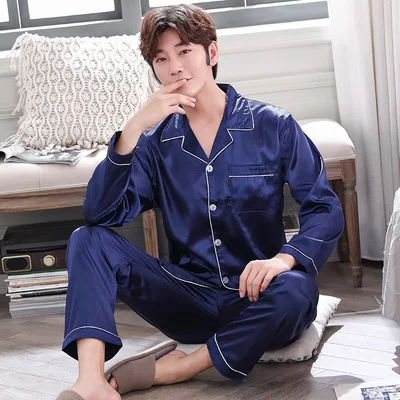 

Pajamas Men Summer Viscose Thin Long Sleeve Men's Tracksuit Air Conditioner Spring And Autumn Model Silk Set