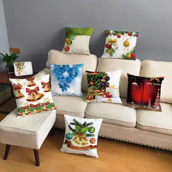 

Merry Christmas Soft Short Plush Cushion Cover for Sofa Home Decor Bell Red Gift Box Throw Pillowcase Print Pillow Case 45*45cm