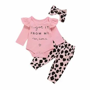 

Newborn Baby Girl Clothes 3Pcs Long Sleeve Letter Romper Ruffled Leopard Pants Headdress Infant Girl Outfit
