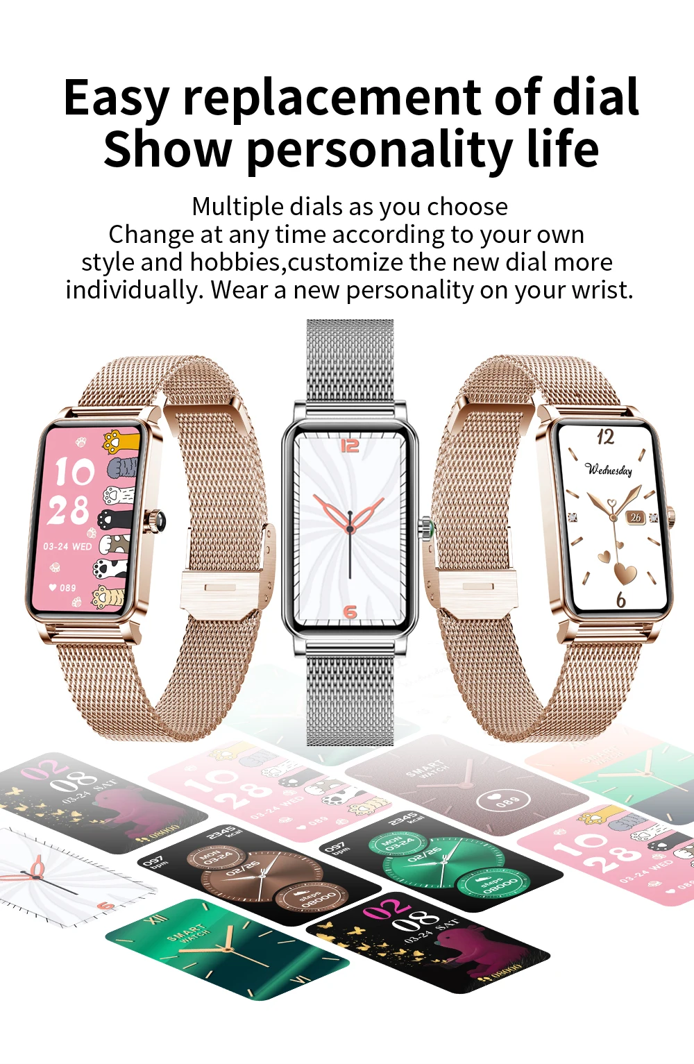 ZX19 Smart Watch Women Girl Fashion Smartwatch Heart Rate Bood Pressure Sports Fitness Wristband Customizable Dial Bracelet
