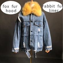 Женское джинсовое пальто зимнее повседневное Стеганое пальто с большим меховым воротником однотонное черное пуховое пальто с подкладкой из кроличьего меха куртка с длинным рукавом Bubble Parka