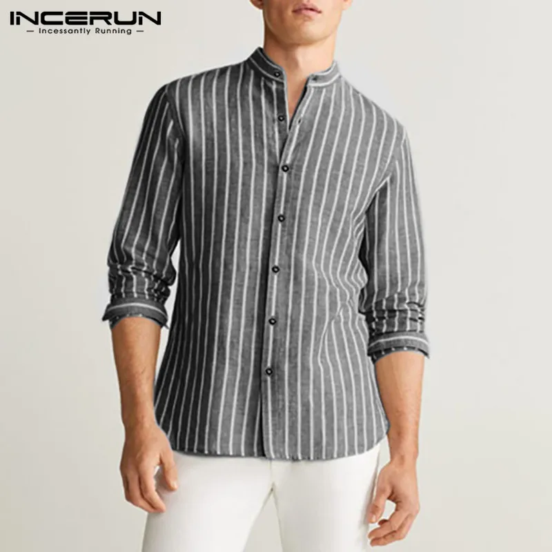 

Mens Loose Buttons Camisa INCERUN Autumn Striped Shirts Leisure Long Sleeve Stand Collar Blusa Harajuku Loose Cotton Chemise 5XL