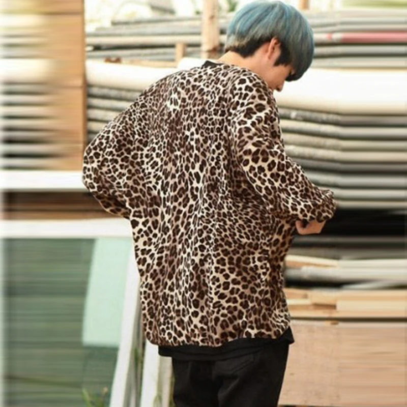 Мужской леопардовый кардиган свободная футболка с длинным рукавом летучая мышь