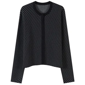 

Women Cardigan Slim Fit Striped Knitted Sweater Coat Lattice Top Long Sleeve Knitwear Spring Autumn Outwear