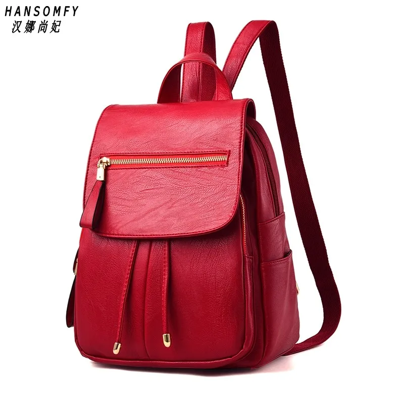 Genuine leather Women backpack New Female backpack spring and summer student fashion casual Korean version of the - Цвет: Красный