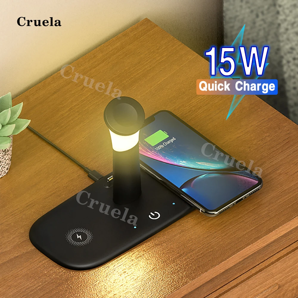 4 in 1 15W Fast Wireless Charger Qi Charging Dock Station For iPhone 12 11 Pro 8 Pius Apple Watch 6 AirPods Pro Wireless Charger