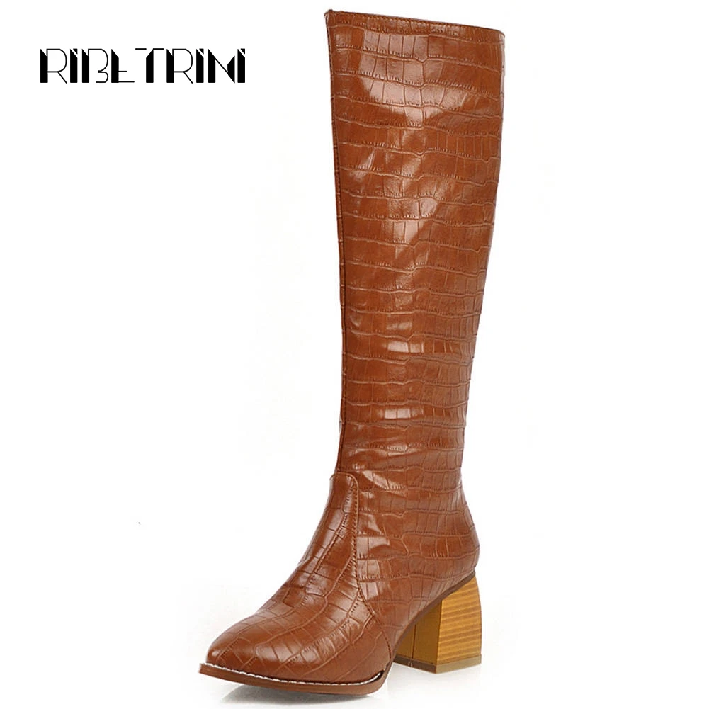 

RIBETRINI Knee High Boots For Women Sexy Snakeskin Print Pointed Toe Western High Heel Shoes Woman Party Boots Big Size 34-47