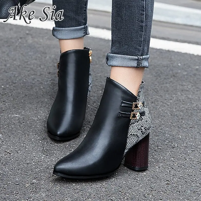 

2019 winter wild pointed British wind Martin boots ladies thick with bare boots color matching high heel boots women pu boots
