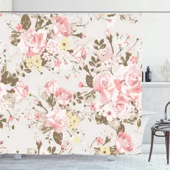 

Shower Curtain Set with Hooks 72x78 Vintage Outline Rose Stem X27 Pattern Clipped Abstract Fashion Bloom Feminine Soulful Design