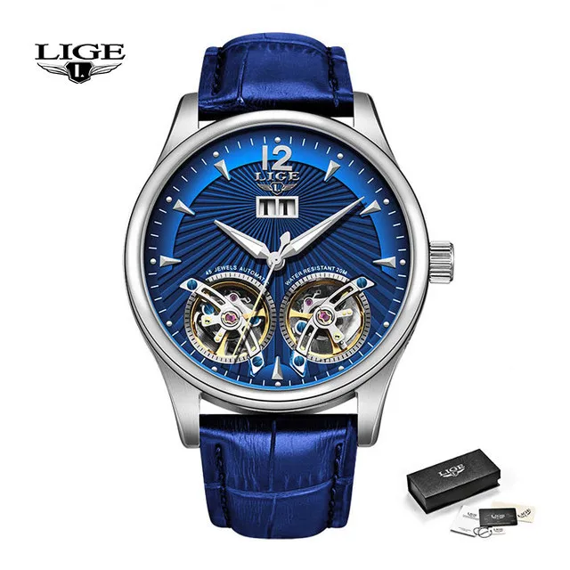 Новинка, LIGE, синие кожаные часы для мужчин, двойные Tourbillon, механические мужские часы, Топ бренд, Роскошные автоматические часы, мужские часы+ коробка - Цвет: silver blue