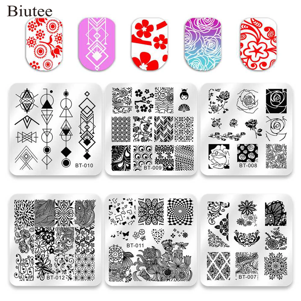 

Biutee 6pcs Nail Art Stamping Plates Nail Polish Stamper Gift Scraper Tools Printing VU Gel Nail Art template Manicure Set Kit