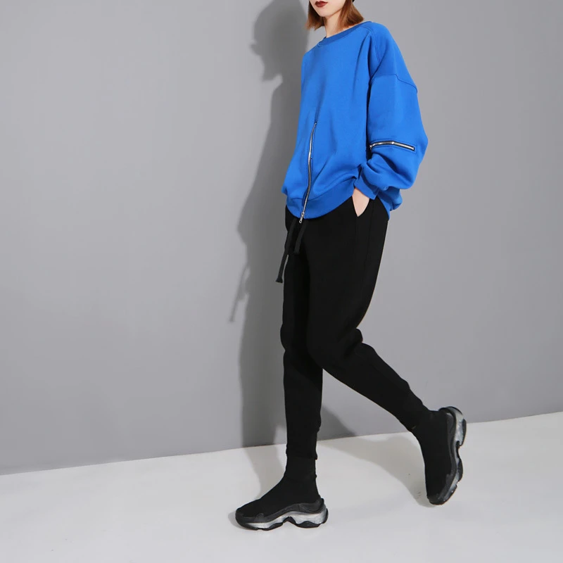 Skup TWOTWINSTYLE Patchwork zamki bluzy dla kobiet O Neck latarnia z długim rękawem jesień pluszowa bluza kobiety odzież 2019 nowy