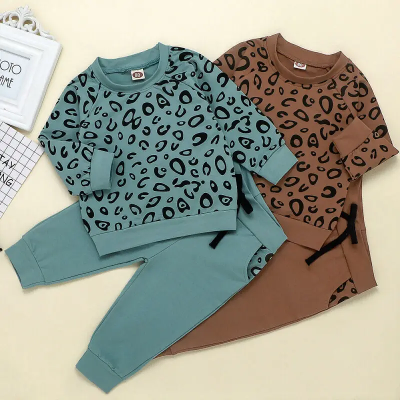 Комплект одежды с леопардовым принтом для маленьких мальчиков и девочек, топы, свитшот, леггинсы, штаны, комплект одежды, осенняя одежда для мальчиков и девочек