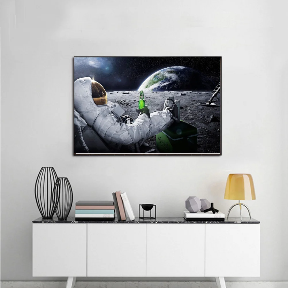 

Wall Art Canvas Painting HD Printed Beers Outer Space Earth Astronauts Moon Canvas Poster Wall Pictures for Home Decor