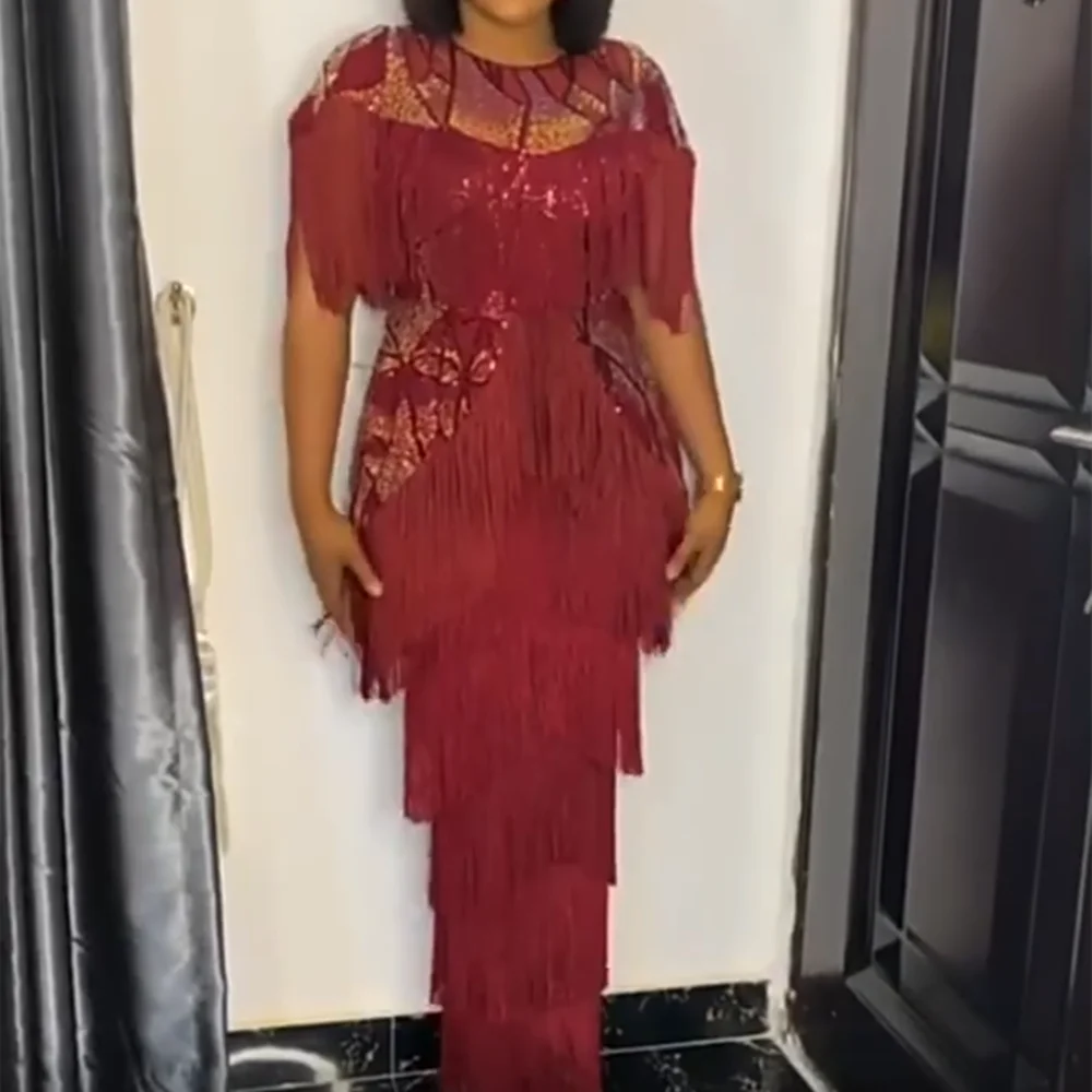 

Elegant Wedding Party Dresses For Women Plus Size African Clothes Diashiki Tassel Sequin Dinner Gown Large Size Abaya Maxi Dress