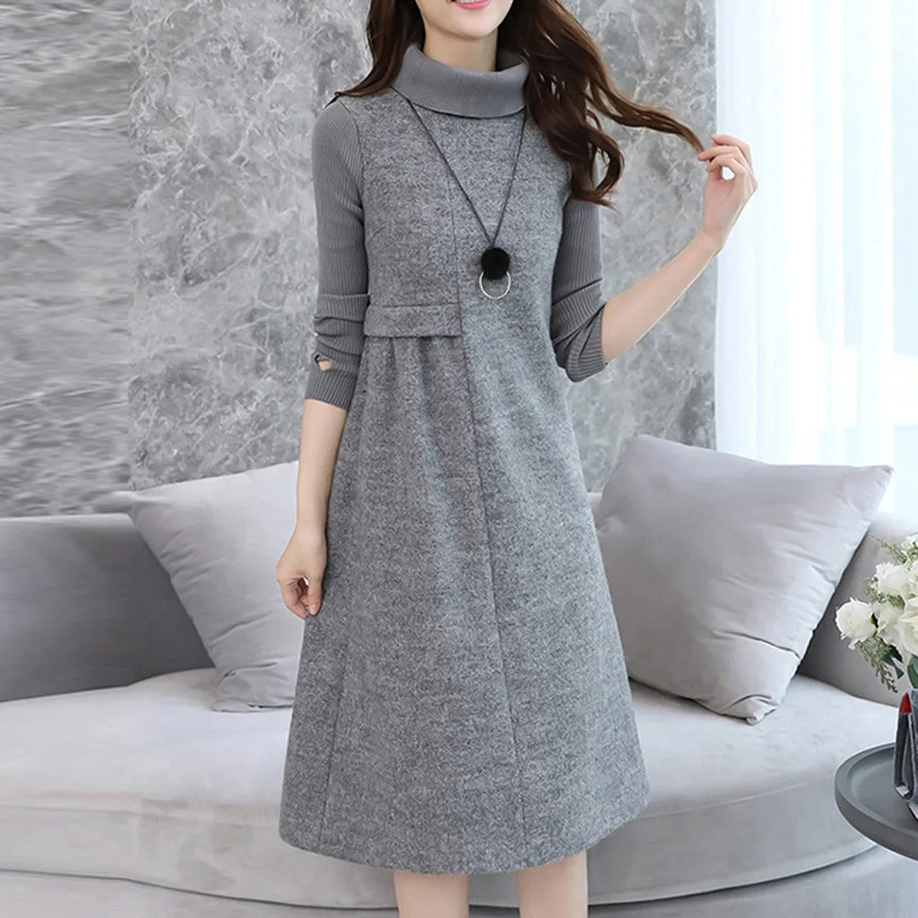 Sukienki vestidos, платье размера плюс, женское, элегантное, до колена, с карманами, с длинным рукавом, шерстяное платье, ropa mujer robe femme