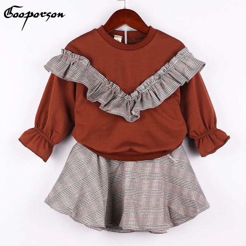 Детская одежда для девочек; Осенняя Толстовка коричневого цвета с длинными рукавами и клетчатая юбка для девочек; модная верхняя одежда;
