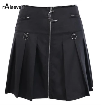 

Raisevern Gothic Zipper Mini Skirts Dark Women Fashion Punks Style Patchwork Mini Pleated Skirt
