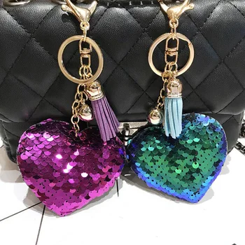 

30pcs/lot Heart Keychains Sequins with Tassel Bell Key Ring Girls Bag Decoration For Women Fashion Jewelry