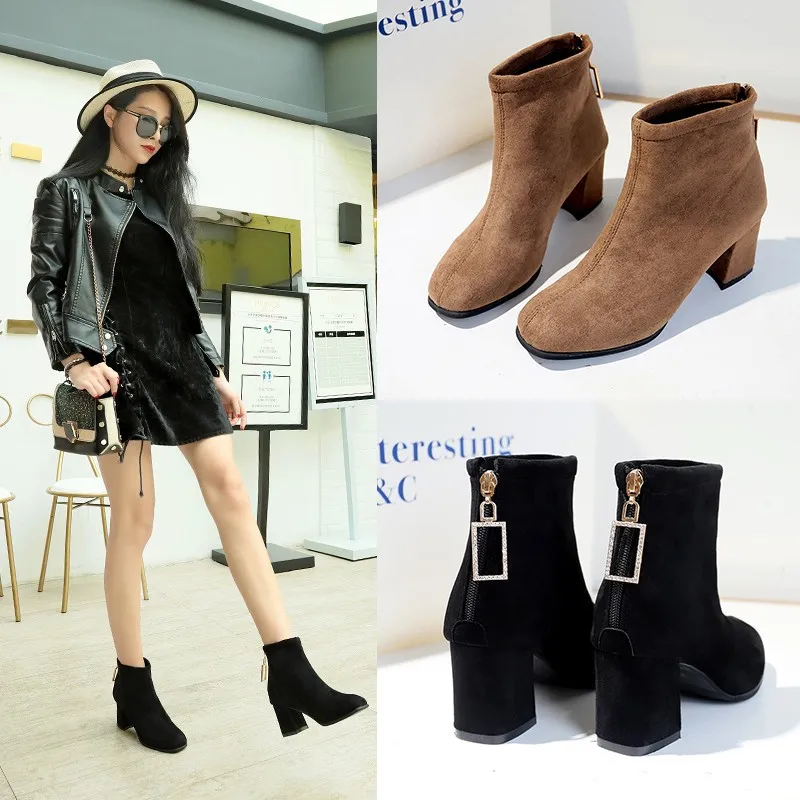 

Square Toe PU Retro Women Ankle Boots Metal Decoration Platform Vintage Chelsea Boots Solid High Square Heel Zip Big Size Shoes
