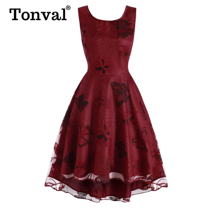 

Tonval Burgundy Butterfly Lace High Low Hem Elegant Dress Women Lace Up Back Tunic Backless Party Midi Vintage Dresses