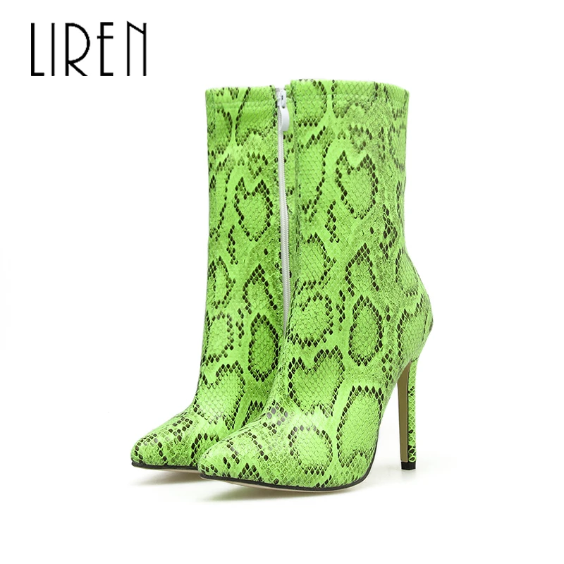 

Liren 2019 Spring/Autumn PU New Fashion Sexy Lady Snake Pattern Ankle Zip Boots High Thin Heels Pointed Toe Sexy Lady Boots