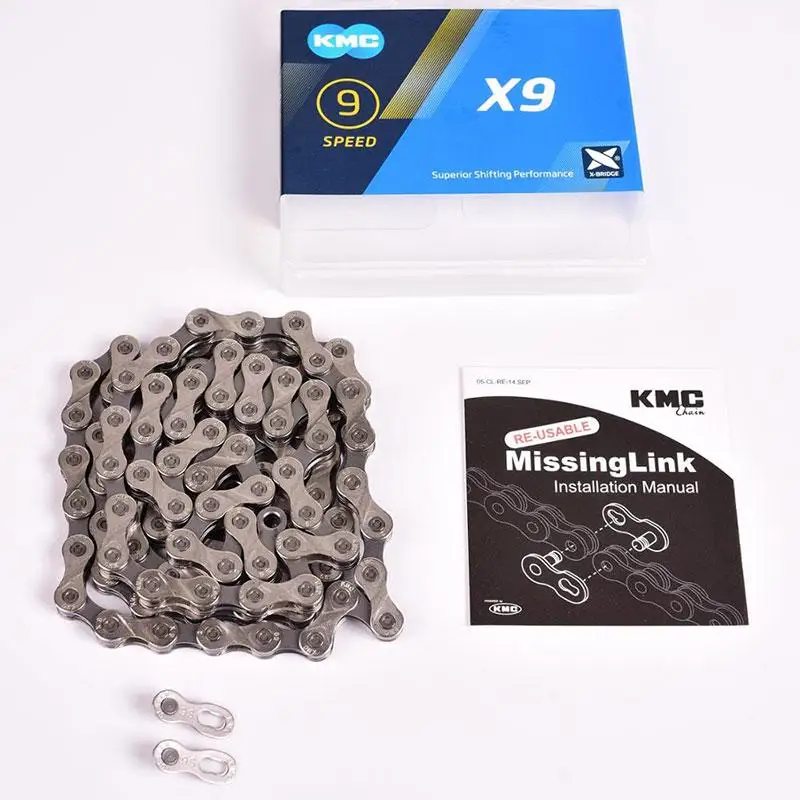 Велосипедная цепь KMC X9 X9.93 MTB дорожный велосипед серебряная цепь 116L 9 скоростная волшебная кнопка горный с оригинальной коробкой и MissingLin