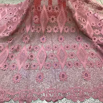 

2019 New Nigerian Embroidered Sequined Mesh Lace Fabric Bride Wedding Fabrics 3 d flowers Sequins India African Net Tulle pink