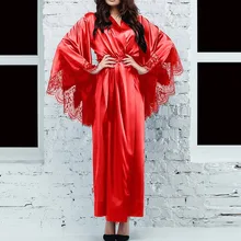 Новинка, одноцветные халаты, женские, черные, красные, с длинным рукавом, ночная рубашка, для девушек, шелковые, атласные, гладкие, весенние, кружевные пижамы, женский халат