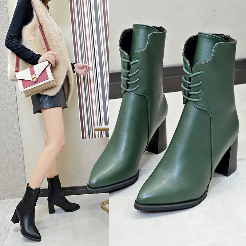 

Thick Heels green boots woman warm martin bottes all-match cross tied winter plush botas pointed toe mid-calf motorcycle botines