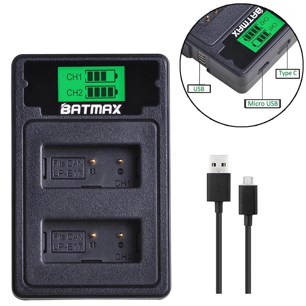 Batmax LP-E17 LPE17 LP E17 батарея+ ЖК-дисплей Dual USB зарядное устройство с портом type C для Canon EOS M3 M5 M6 Rebel T6i T7i EOS 77D 750D