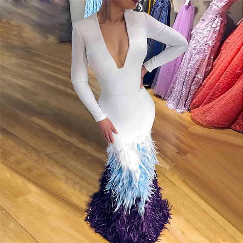 

Evening Dresses 2020 mermaid For Women Dubai Turkey deep v neck With Feather Formal party Night Prom Gowns sexy long sleeve