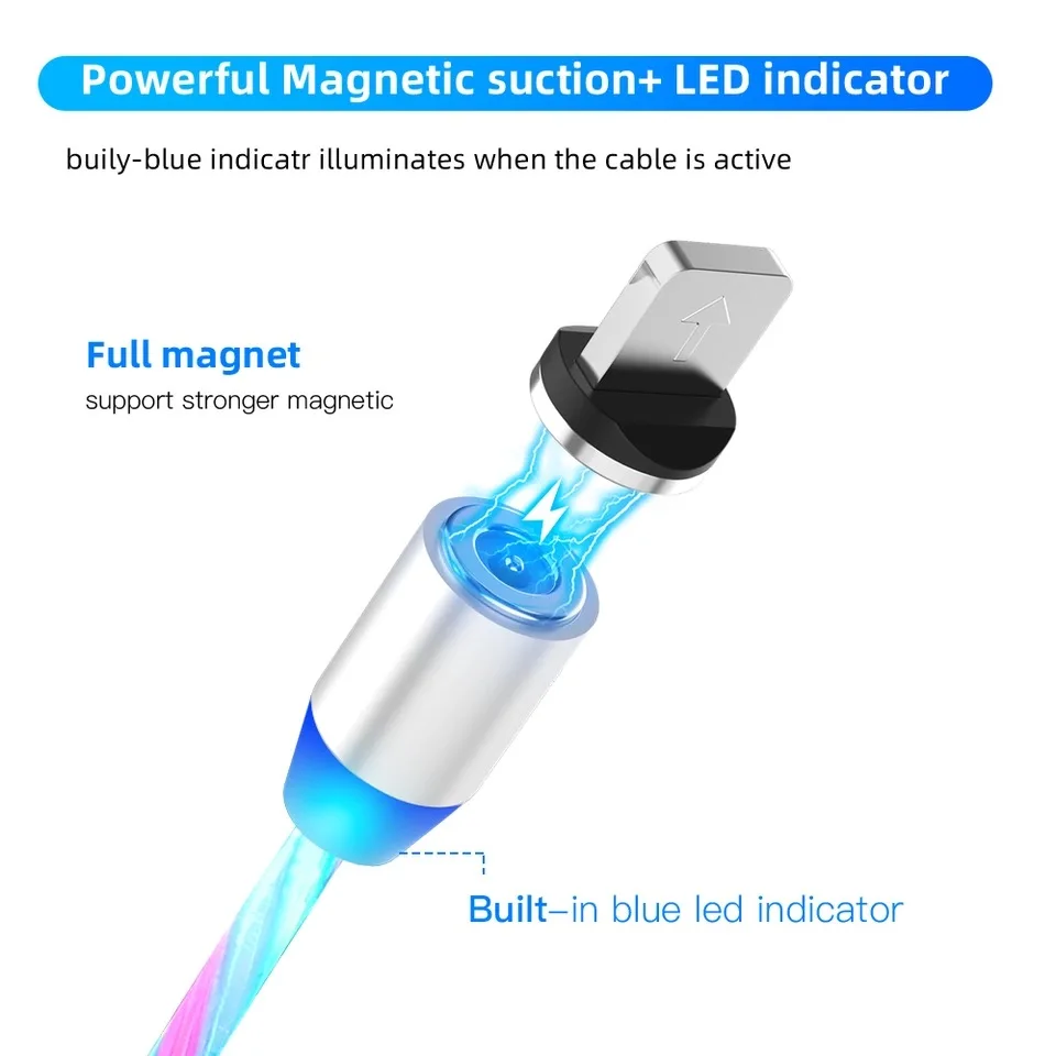 Светодиодный светящийся струящийся Магнитный зарядный кабель светящееся освещение Быстрая зарядка Micro usb type C для iPhone Android Phone USBC провод шнур