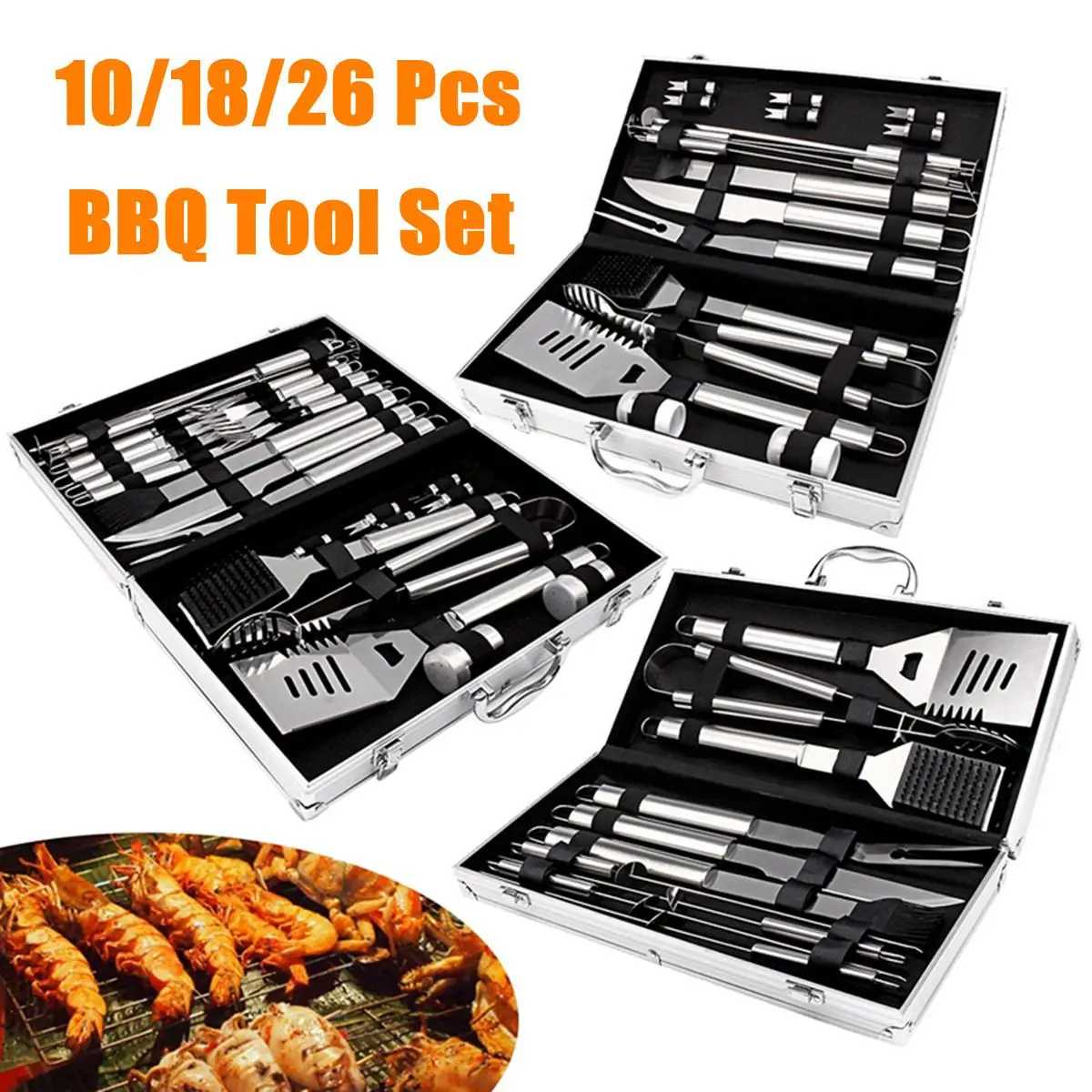 

Stainless Steel 10/18/26 Pcs BBQ Tool Set Kitchen Accessories Outdoor Camping Portable BBQ Tong Knife Fork Set Storage Box Kit