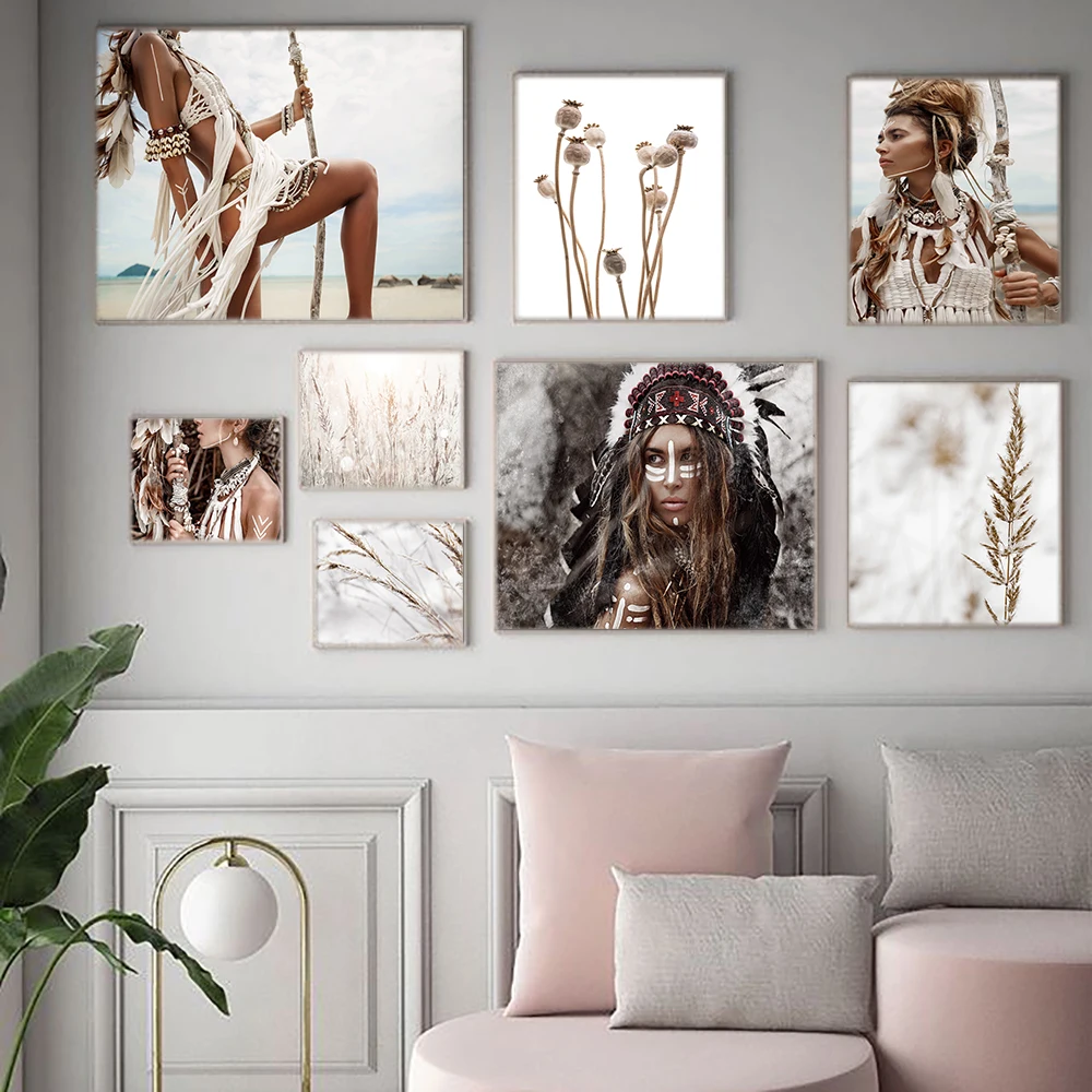 

Indian Girl Feather Reed Grass Flower Wal Art Canvas Painting Poster And Print Bohemia Style Decoration Pictures For Living Room