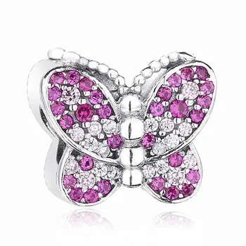 

New 925 Sterling Silver Bead Charm Three-dimensional Dazzling Pink Butterfly Beads Fit Bracelet Bangle Diy Jewelry