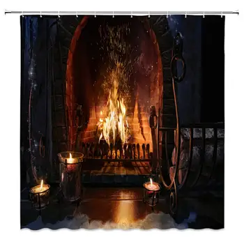 

Shower Curtain Retro Burning Fireplace Warm Winter Merry Christmas Bathroom Curtains Polyester Fabric Waterproof Include Hooks