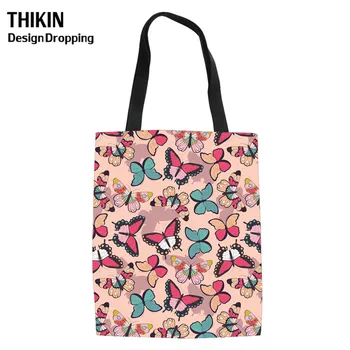 

THIKIN Colorful Butterflies Print Canvas Tote Bags for Teenagers Girls Cute Animal Book Bags Ladies Custom Foldable Shopping Bag