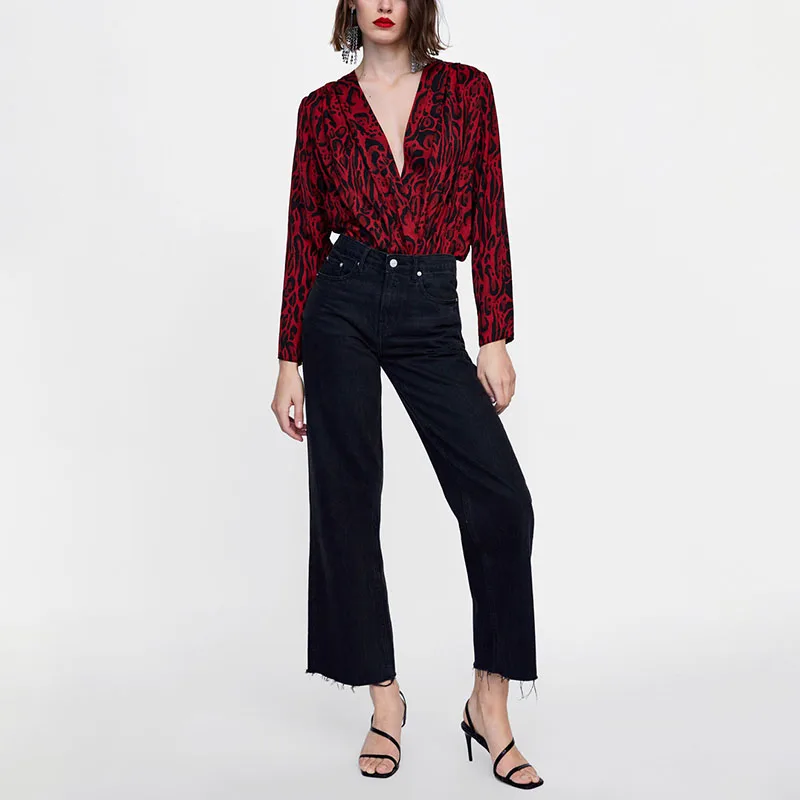Женские повседневные боди ZA красные рубашки с леопардовым принтом осень 2019|Боди|