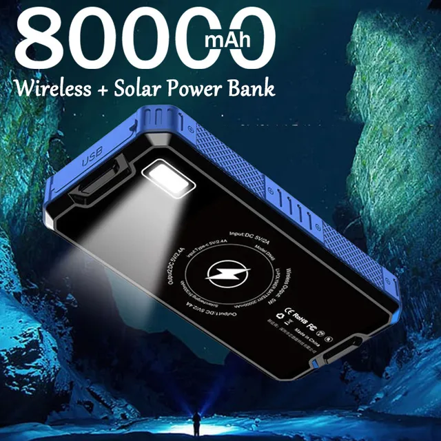 Solar Wireless Charging Battery Power Bank 80000 mA Solar Panel Solar External  Charger Portable for iPhone Samsung Huawei 2