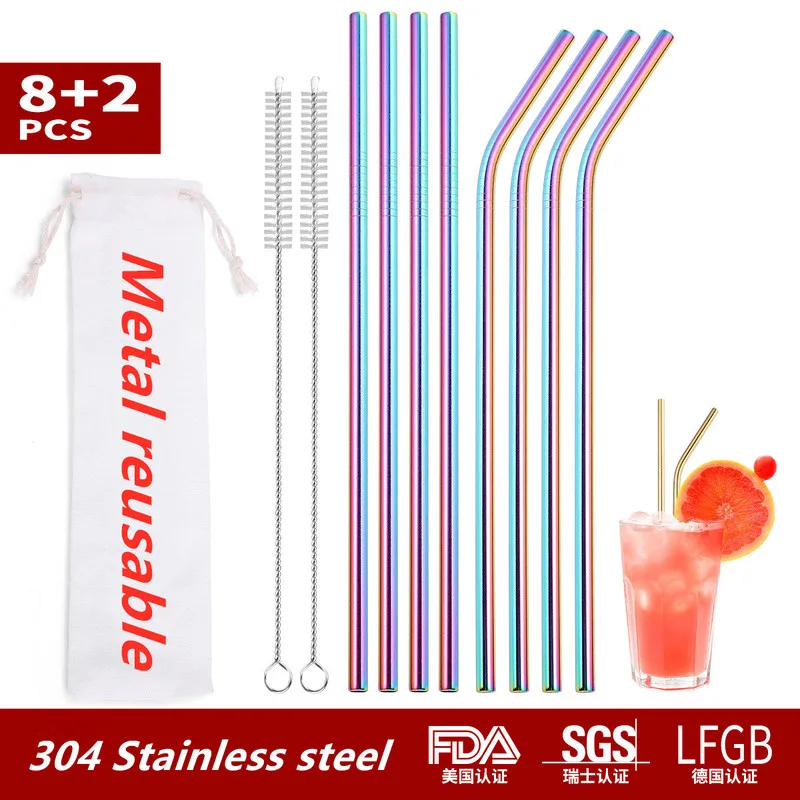 

11pcs 304 Stainless Steel Straws Colorful Straight Bent Drinking Straw with Case Cleaning Brush Set Easy To Carry Metal Reusable