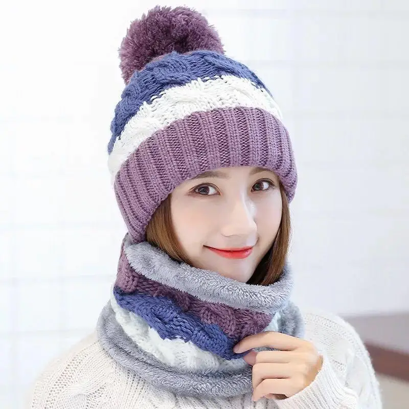 Fashion Winter Hat Scarf Set For Women Girl Warm Beanies Cap Lady Ring Scarf Pompoms Winter Hats Knitted Caps Scarf 2 Pieces - Цвет: purple