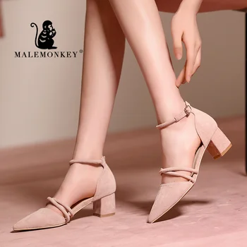 

MALEMONKEY Low Heels Sandals Women Ankle Strap Summer Shoes Female Dress Pointed Toe Block Heels 2020 Casual Sandals Women Shoes