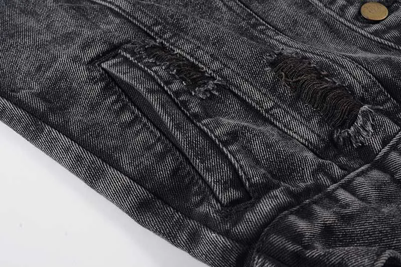 KIOVNO Men's Ripped Denim Jackets Knitted Sleeves Hooded Black Jeans Jackets Outwear For Male High Street  (7)