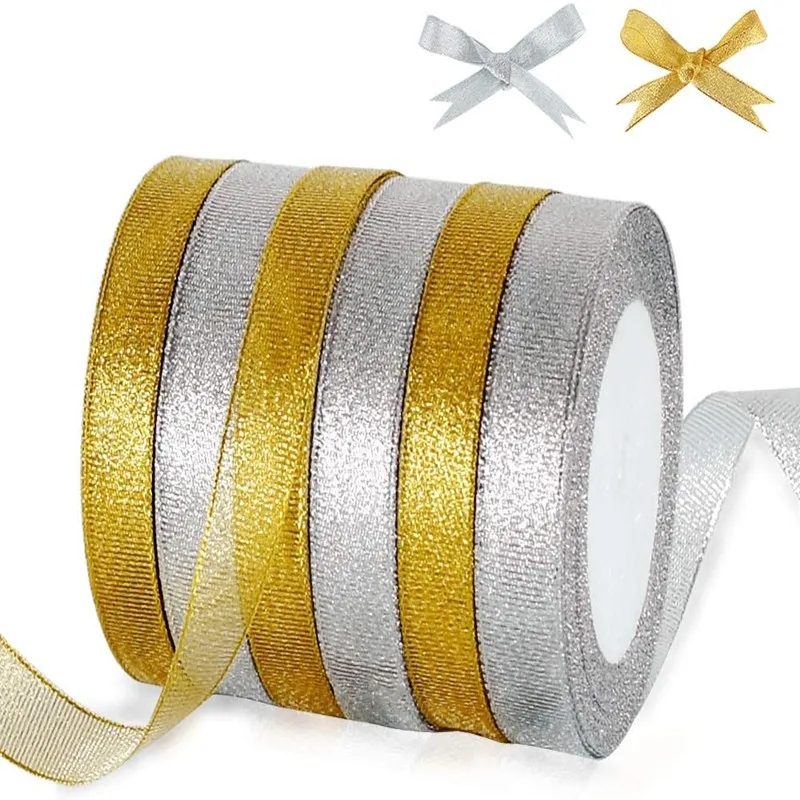 Organza Ribbon 25yards Gold/Silver Organza Ribbon tapes DIY Handicraft accessories For bow making Wedding Supplies Cake Gifts Decoration 6-50mm