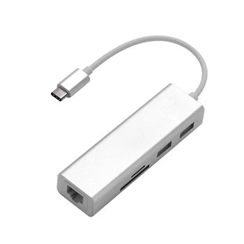 

5 in 1 USB C Hub 3.0 Type-C Adapter Data Sync Card Reader RJ45 Ethernet LAN