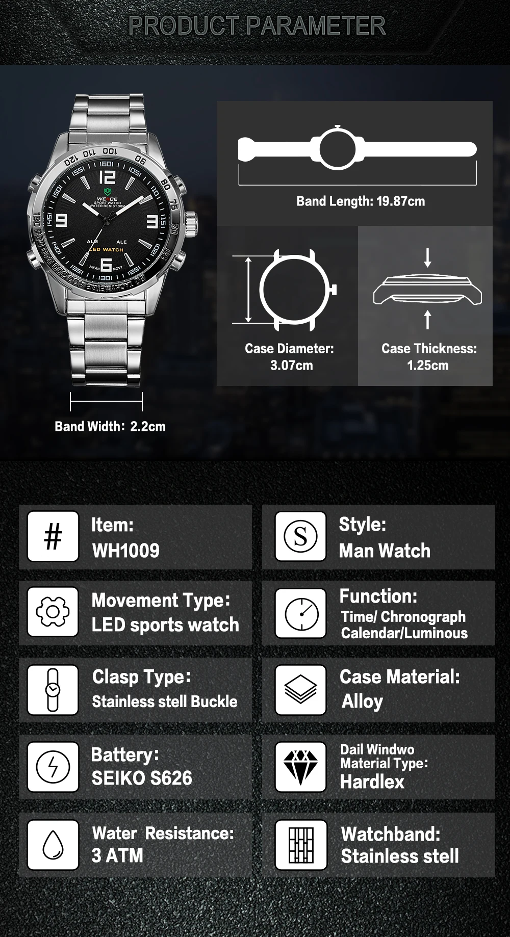 WEIDE мужские часы Relojes Para Hombre роскошные брендовые подарки для мужчин двойной дисплей наручные часы из нержавеющей стали ремешок часы WH1009