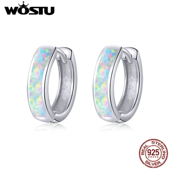 WOSTU 100% 925 Sterling Silver Round Ear Clip Circle Hoop Earrings Opal Earrings For Women Wedding Luxury Jewelry Gift CQE861